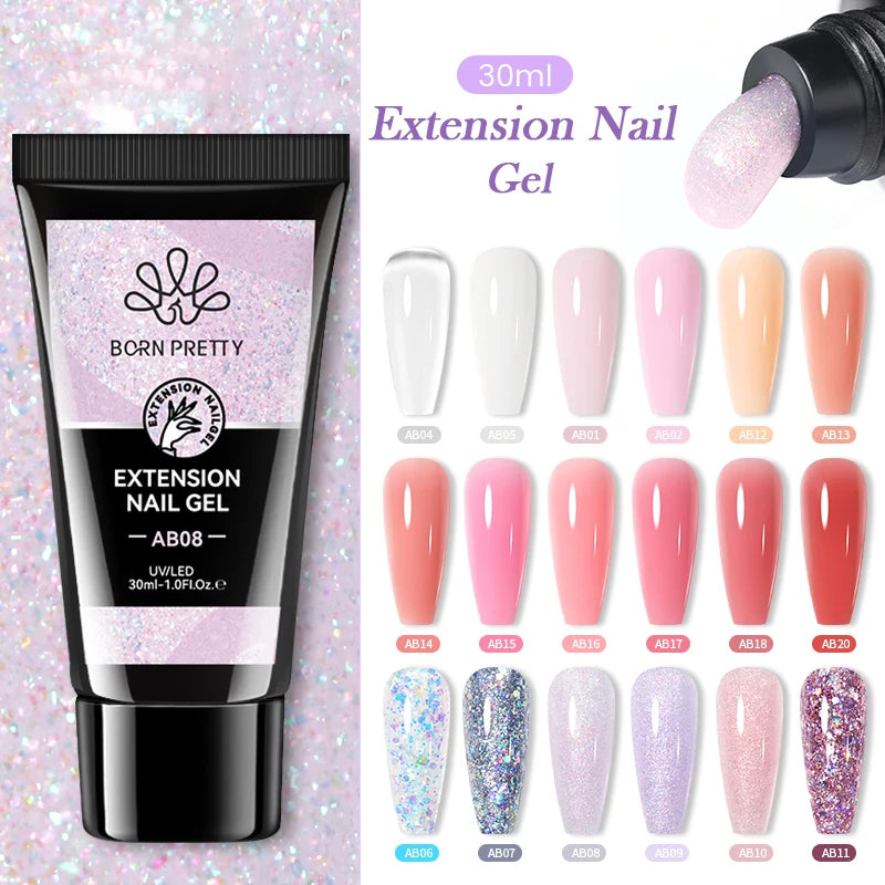 BORN PRETTY 30ml Glitter Acrylic Gel Finger Extension Nail Polish Silver Pink Extension Gel Polish Soak Off Nail Slip Solution